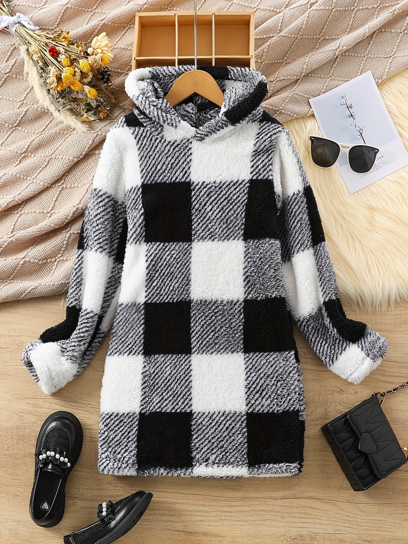 Plaid Long Sleeve Hooded Dress Girls Comfy Dress Fall Winter Christmas Gift - Veloxea