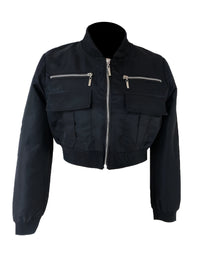 Zipper Solid Crop Jacket, Y2K Long Sleeve Jacket For Spring & Fall, Women's Clothing - Veloxea