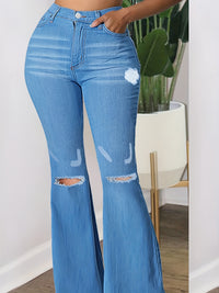 High Rise Ripped Knees Wide Legs Flare Jeans, Slim Fit High Waist Washed Black Denim Pants, Women's Denim Jeans & Clothing