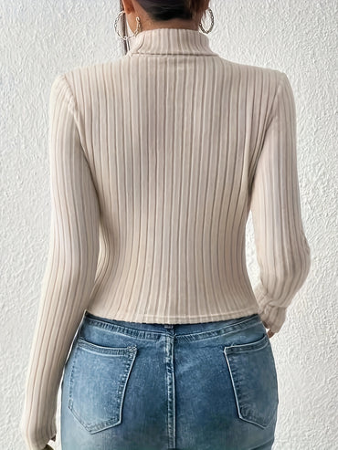 Cut Out Mock Neck Ribbed T-Shirt, Stylish Long Sleeve Slim Top For Spring & Fall, Women's Clothing - Veloxea