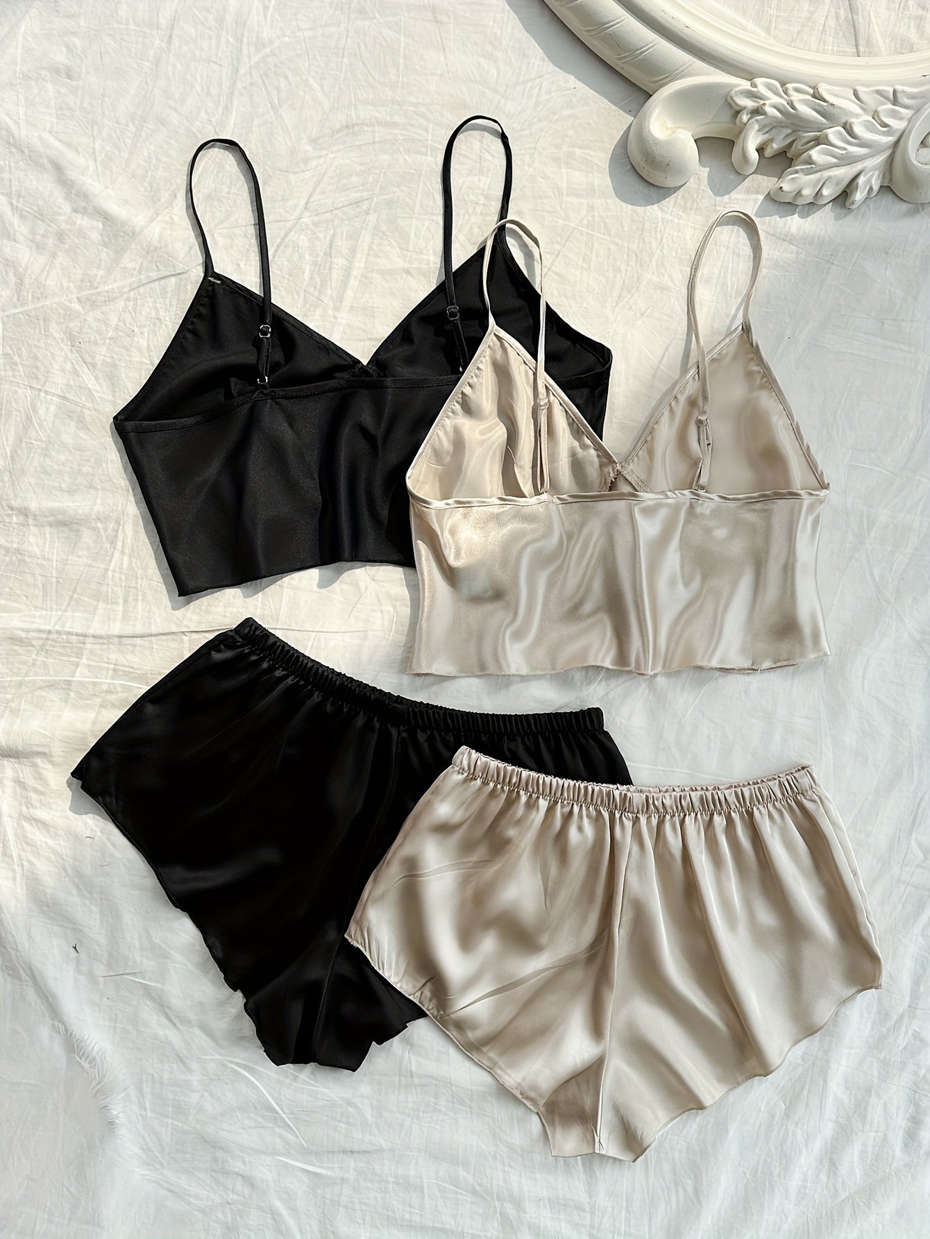 2 Sets Women's Elegant Solid Satin Pajama Set, Bow Tie Front V Neck Crop Cami Top & Shorts, Comfortable Relaxed Fit, Summer Nightwear - Veloxea