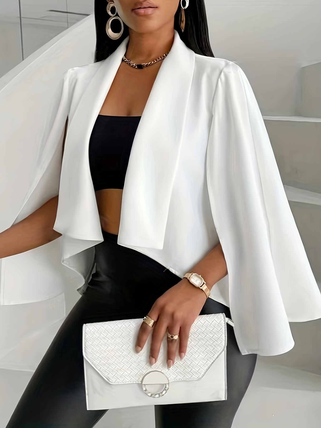 Cape Sleeve Open Front Blazer, Elegant Solid Color High-low Lapel Blazer For Office & Work, Women's Clothing