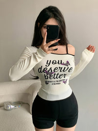 Butterfly Print Asymmetrical Neck T-Shirt, Y2K Long Sleeve T-Shirt For Spring & Fall, Women's Clothing - Veloxea