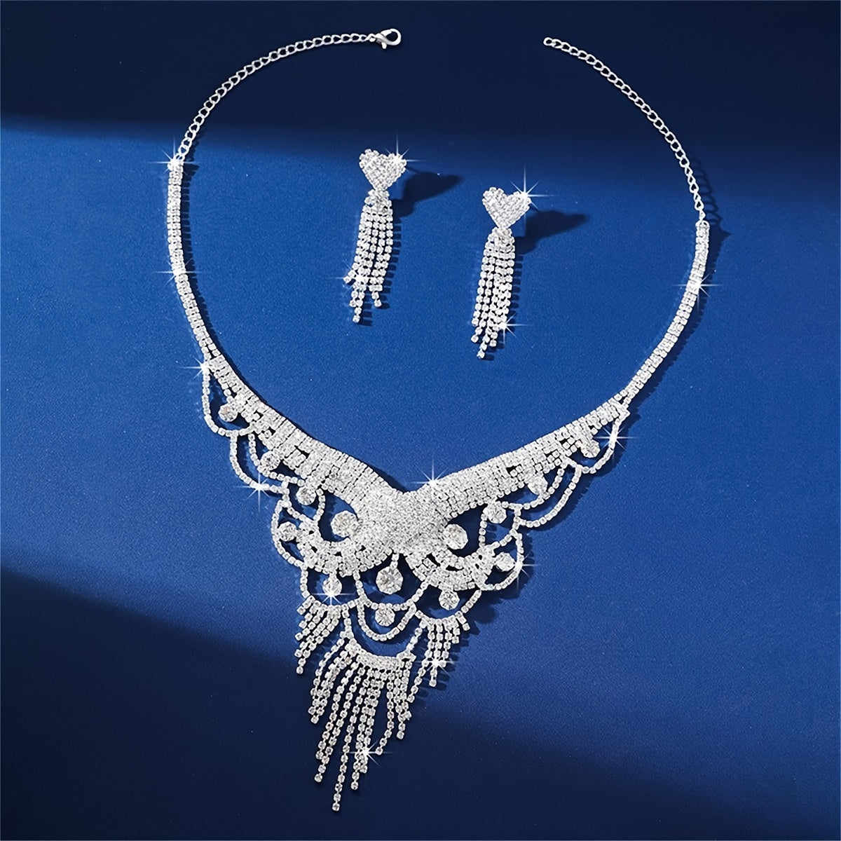 1 Pair Of Earrings + 1 Necklace Elegant Jewelry Set Silver Plated Paved Shining Rhinestone Engagement/ Wedding Decor Dupes Luxury Jewelry Gifts For Eid - Veloxea