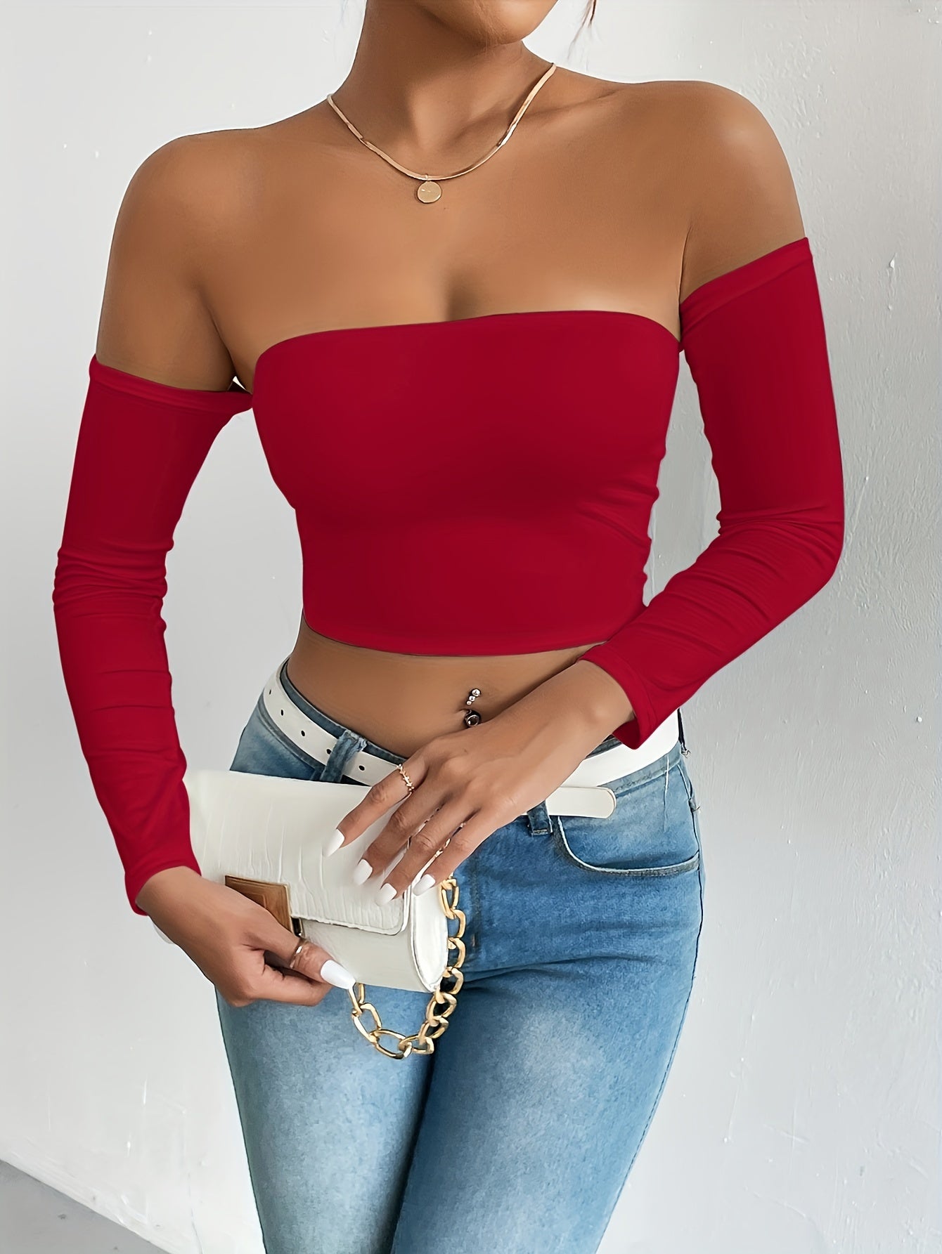 Solid Color Off-shoulder Crop Top, Sexy Long Sleeve Slim Top, Women's Clothing - Veloxea