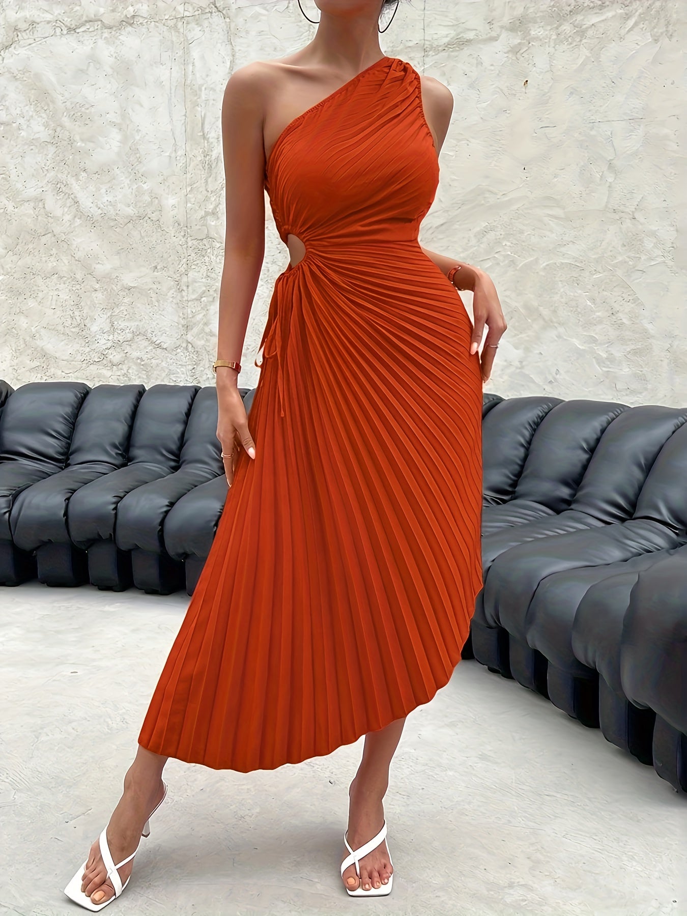 One Shoulder Pleated Dress, Elegant Cut Out Drawstring Sleeveless Dress, Women's Clothing For Party Dressing