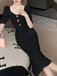 Button Detail Bodycon Knitted Dress, Elegant Short Sleeve Dress For Spring & Summer, Women's Clothing