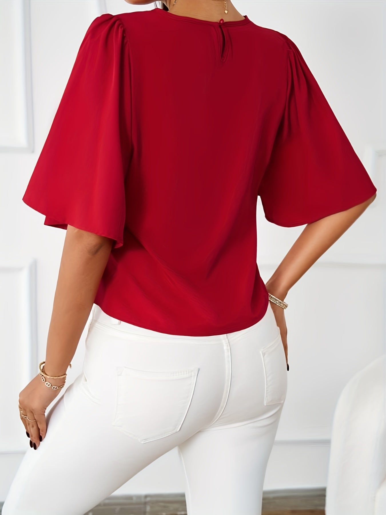 Solid Crew Neck Blouse, Elegant Ruffle Sleeve Blouse, Women's Clothing - Veloxea