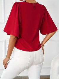 Solid Crew Neck Blouse, Elegant Ruffle Sleeve Blouse, Women's Clothing - Veloxea