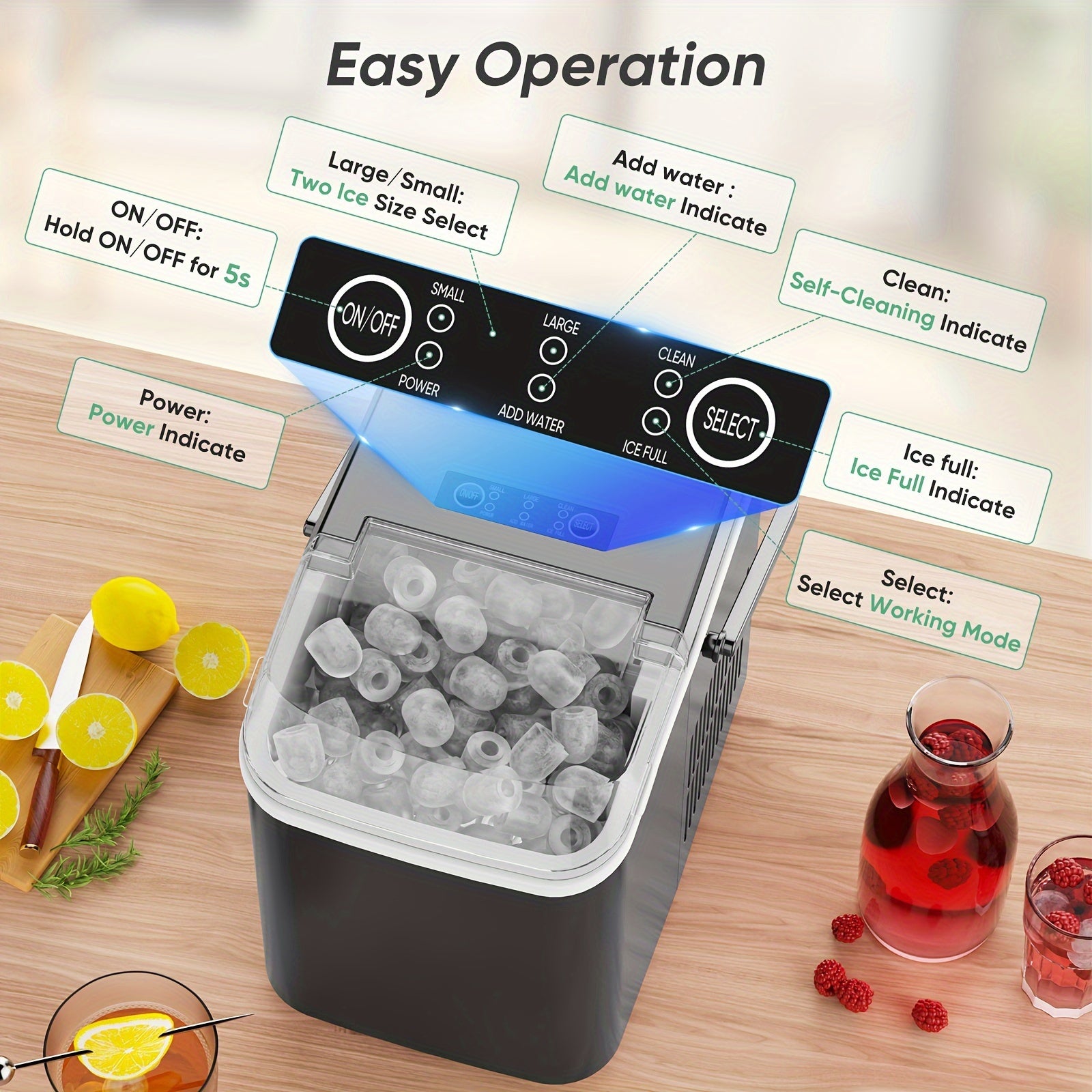 Countertop Ice Maker, Nugget Portable Ice Machine, 9 Bullet Ice Cubes In 6 Mins, 26.5lbs In 24Hrs Self-Cleaning With Handle, Basket, Scoop For Home, Kitchen/Party/Camping/RV - Veloxea