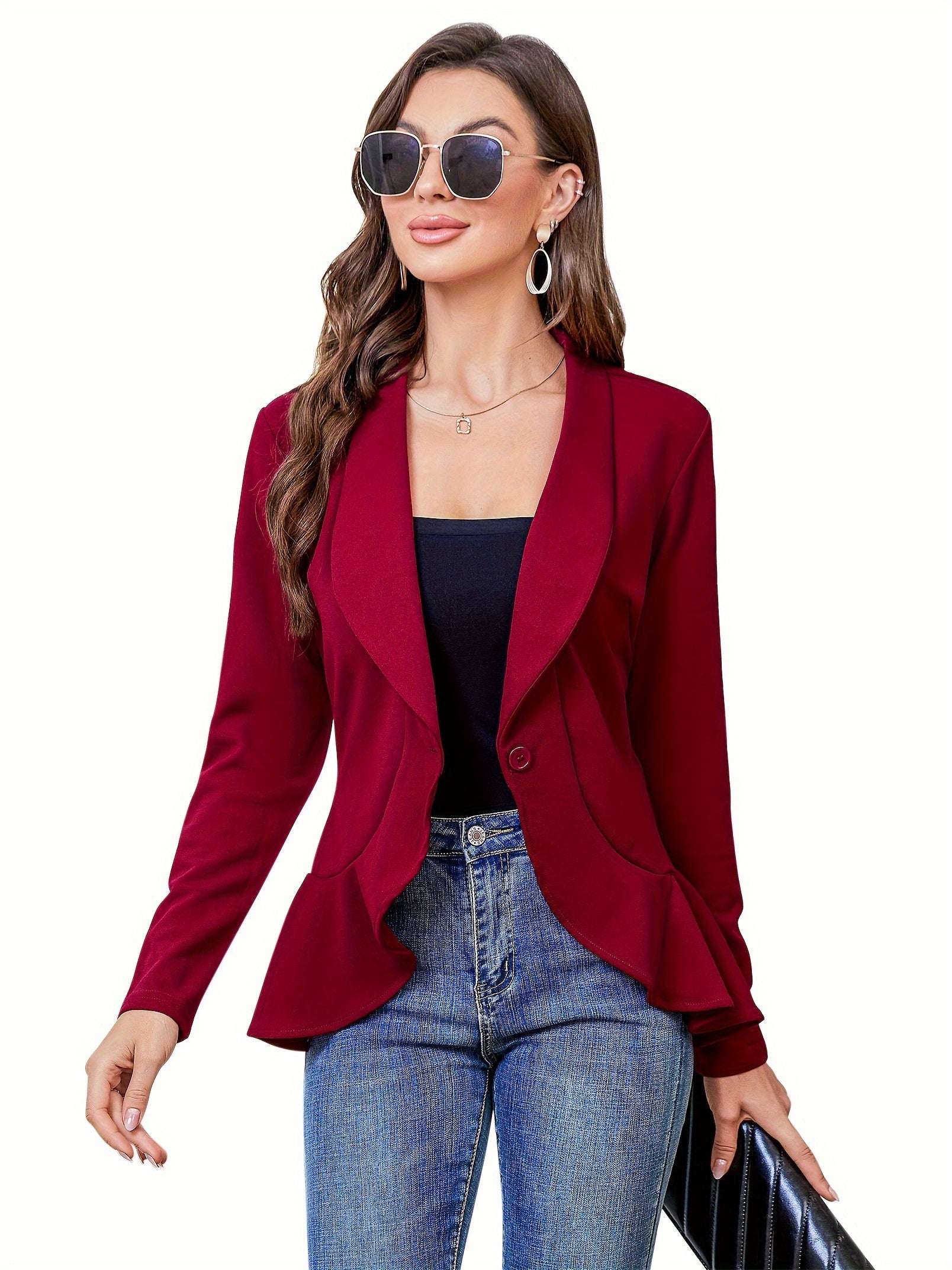 Womens Casual Blazer Long Sleeve Open Front Ruffle Work Office Cardigan Suit Jacket