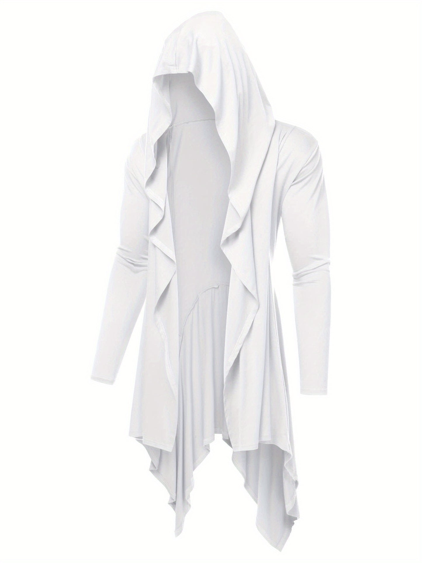 Long Hooded Cardigan Ruffle Shawl Collar Open Front Lightweight Drape Cape Overcoat with Pockets - Veloxea