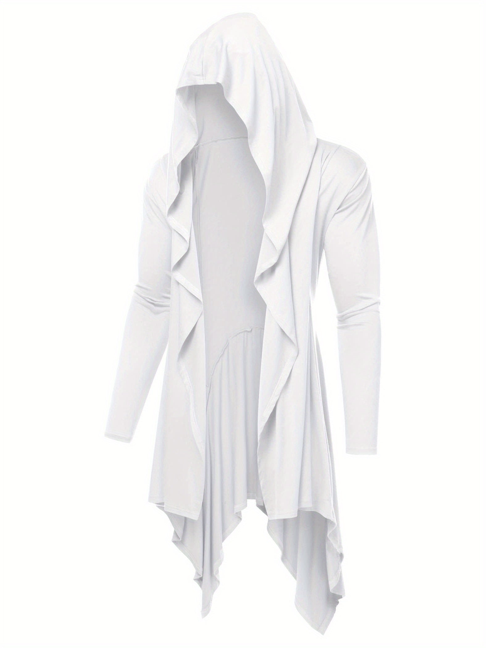 Long Hooded Cardigan Ruffle Shawl Collar Open Front Lightweight Drape Cape Overcoat with Pockets - Veloxea