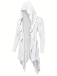 Long Hooded Cardigan Ruffle Shawl Collar Open Front Lightweight Drape Cape Overcoat with Pockets - Veloxea