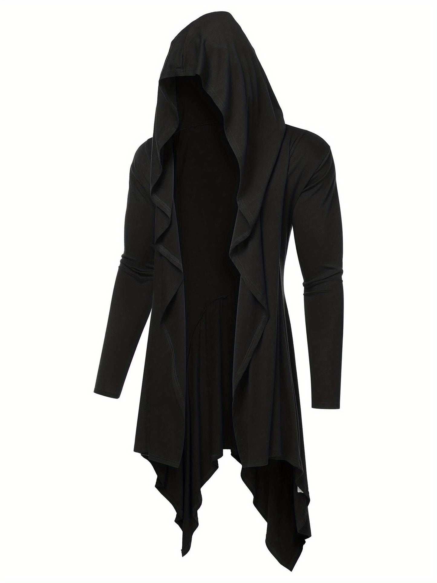 Long Hooded Cardigan Ruffle Shawl Collar Open Front Lightweight Drape Cape Overcoat with Pockets - Veloxea