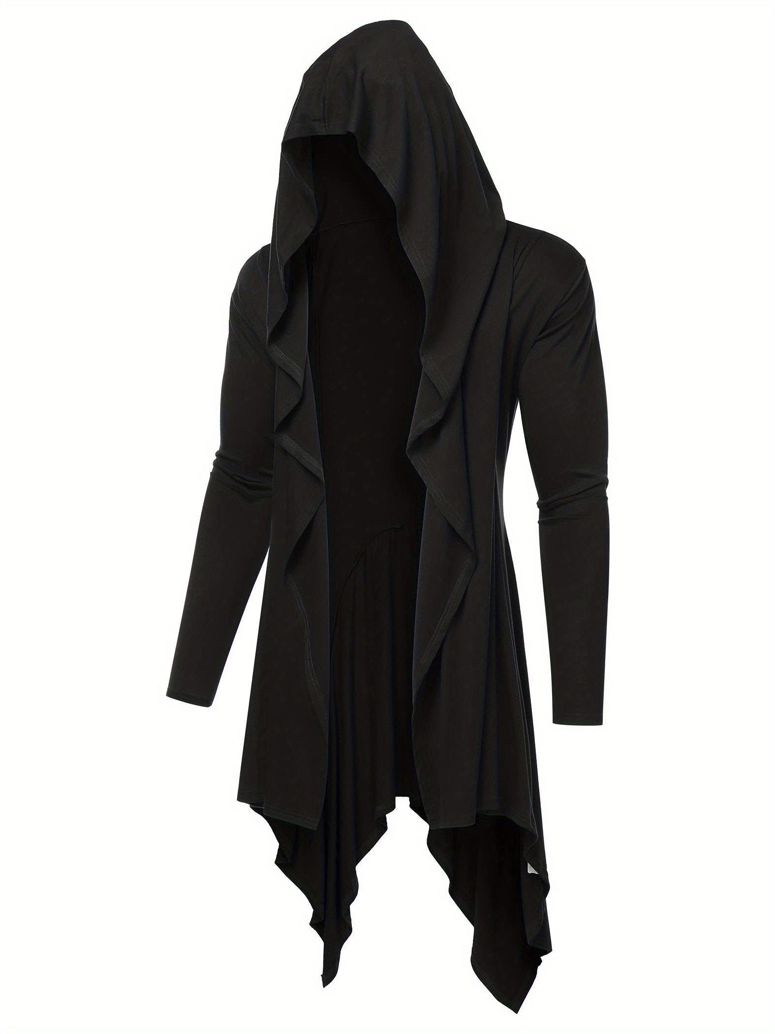 Long Hooded Cardigan Ruffle Shawl Collar Open Front Lightweight Drape Cape Overcoat with Pockets - Veloxea
