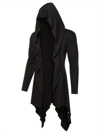 Long Hooded Cardigan Ruffle Shawl Collar Open Front Lightweight Drape Cape Overcoat with Pockets - Veloxea