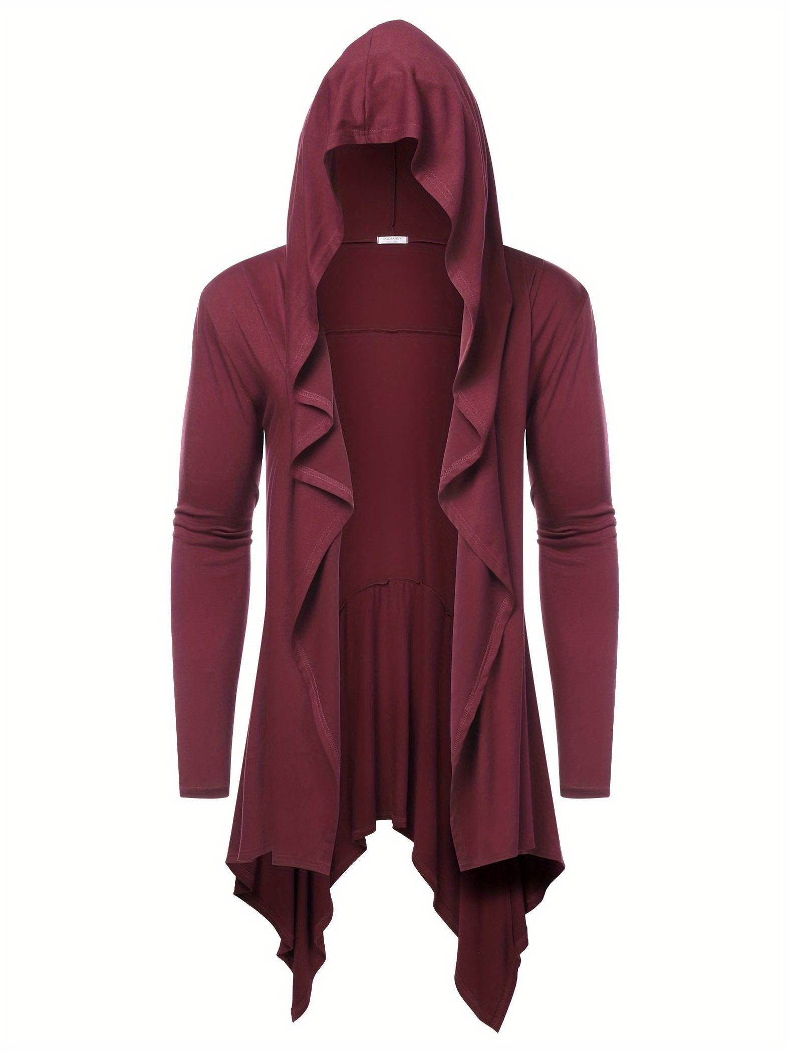 Long Hooded Cardigan Ruffle Shawl Collar Open Front Lightweight Drape Cape Overcoat with Pockets - Veloxea