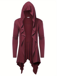 Long Hooded Cardigan Ruffle Shawl Collar Open Front Lightweight Drape Cape Overcoat with Pockets - Veloxea