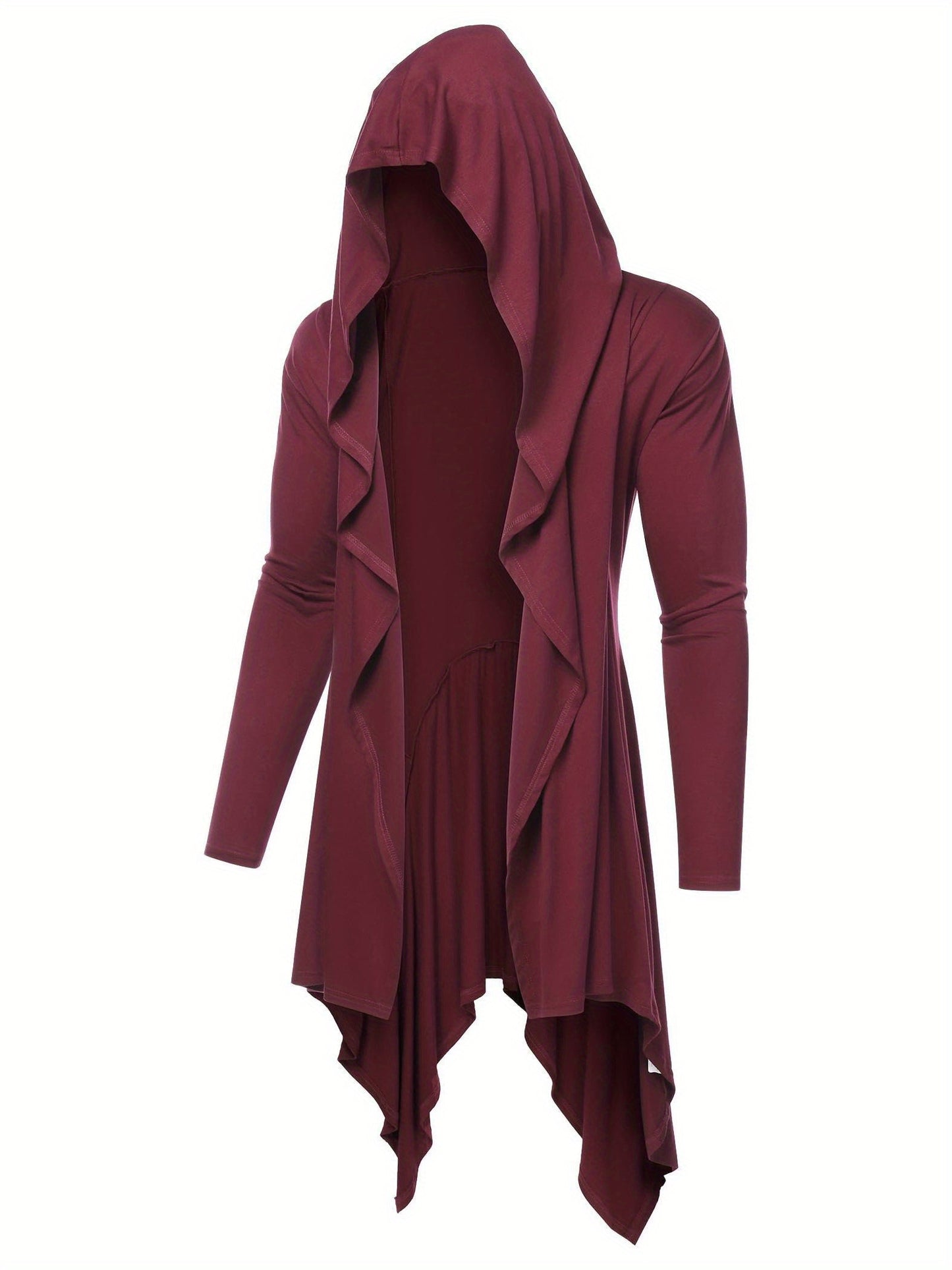 Long Hooded Cardigan Ruffle Shawl Collar Open Front Lightweight Drape Cape Overcoat with Pockets - Veloxea