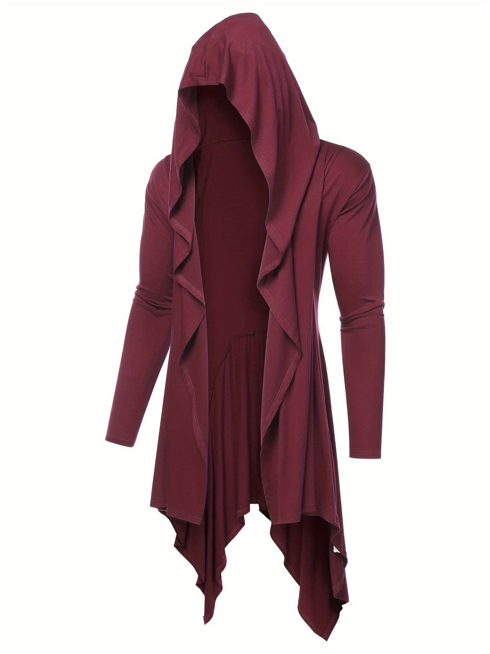 Long Hooded Cardigan Ruffle Shawl Collar Open Front Lightweight Drape Cape Overcoat with Pockets - Veloxea