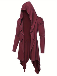 Long Hooded Cardigan Ruffle Shawl Collar Open Front Lightweight Drape Cape Overcoat with Pockets - Veloxea