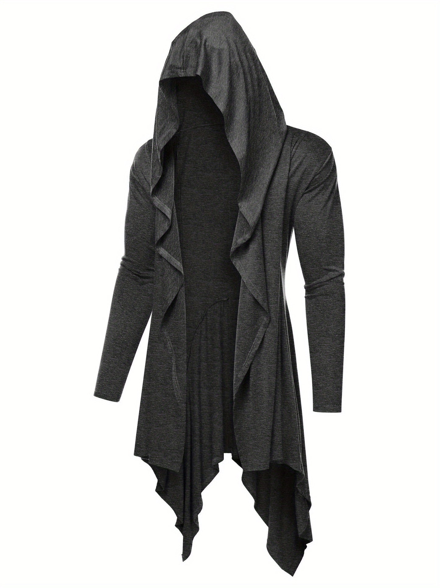 Long Hooded Cardigan Ruffle Shawl Collar Open Front Lightweight Drape Cape Overcoat with Pockets - Veloxea