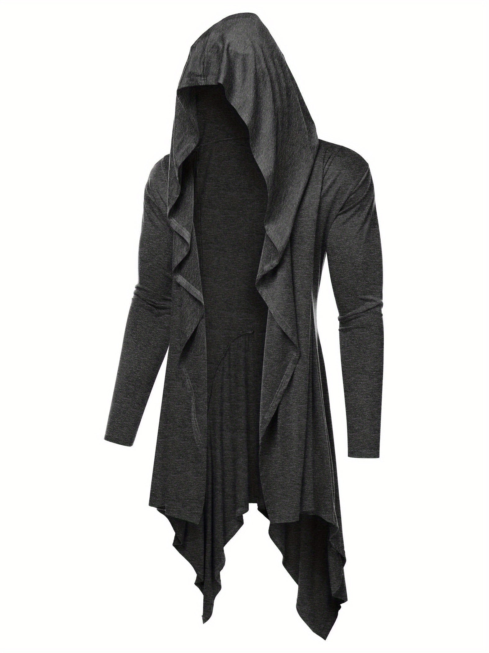 Long Hooded Cardigan Ruffle Shawl Collar Open Front Lightweight Drape Cape Overcoat with Pockets - Veloxea