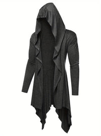 Long Hooded Cardigan Ruffle Shawl Collar Open Front Lightweight Drape Cape Overcoat with Pockets - Veloxea