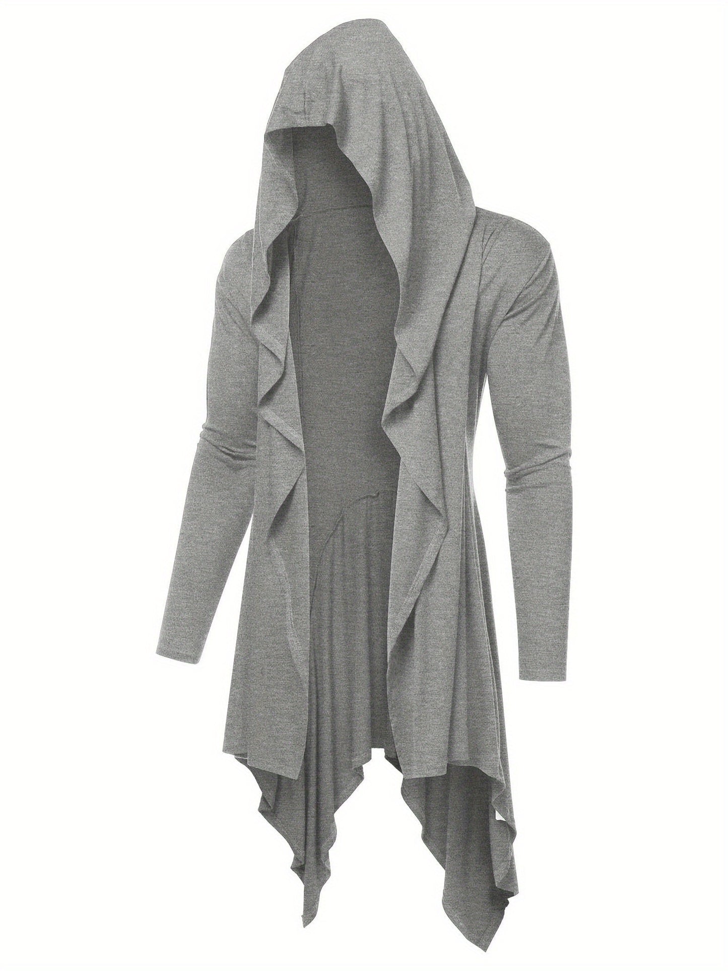 Long Hooded Cardigan Ruffle Shawl Collar Open Front Lightweight Drape Cape Overcoat with Pockets - Veloxea
