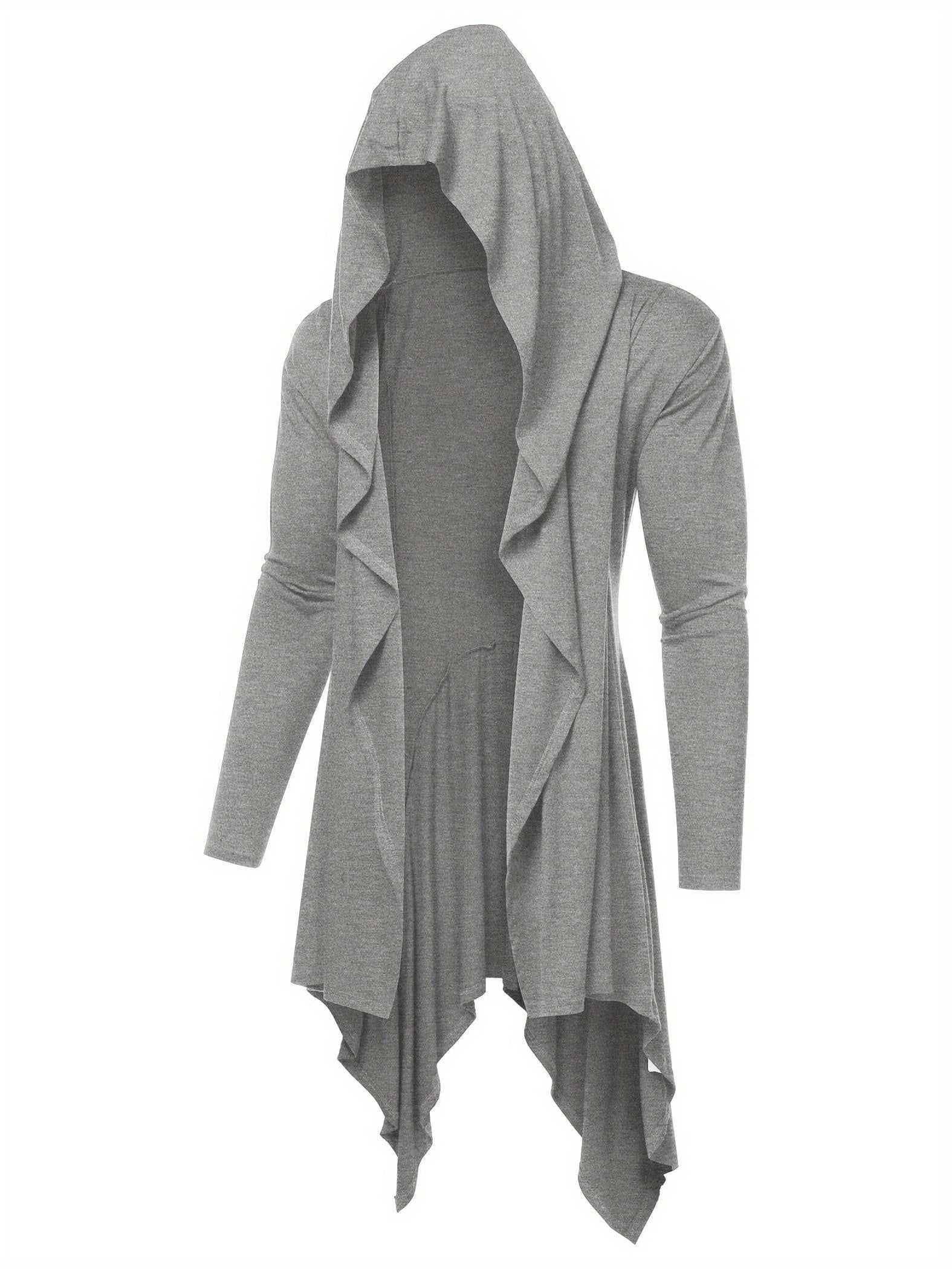 Long Hooded Cardigan Ruffle Shawl Collar Open Front Lightweight Drape Cape Overcoat with Pockets - Veloxea