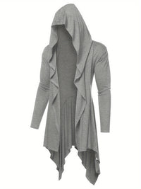 Long Hooded Cardigan Ruffle Shawl Collar Open Front Lightweight Drape Cape Overcoat with Pockets - Veloxea