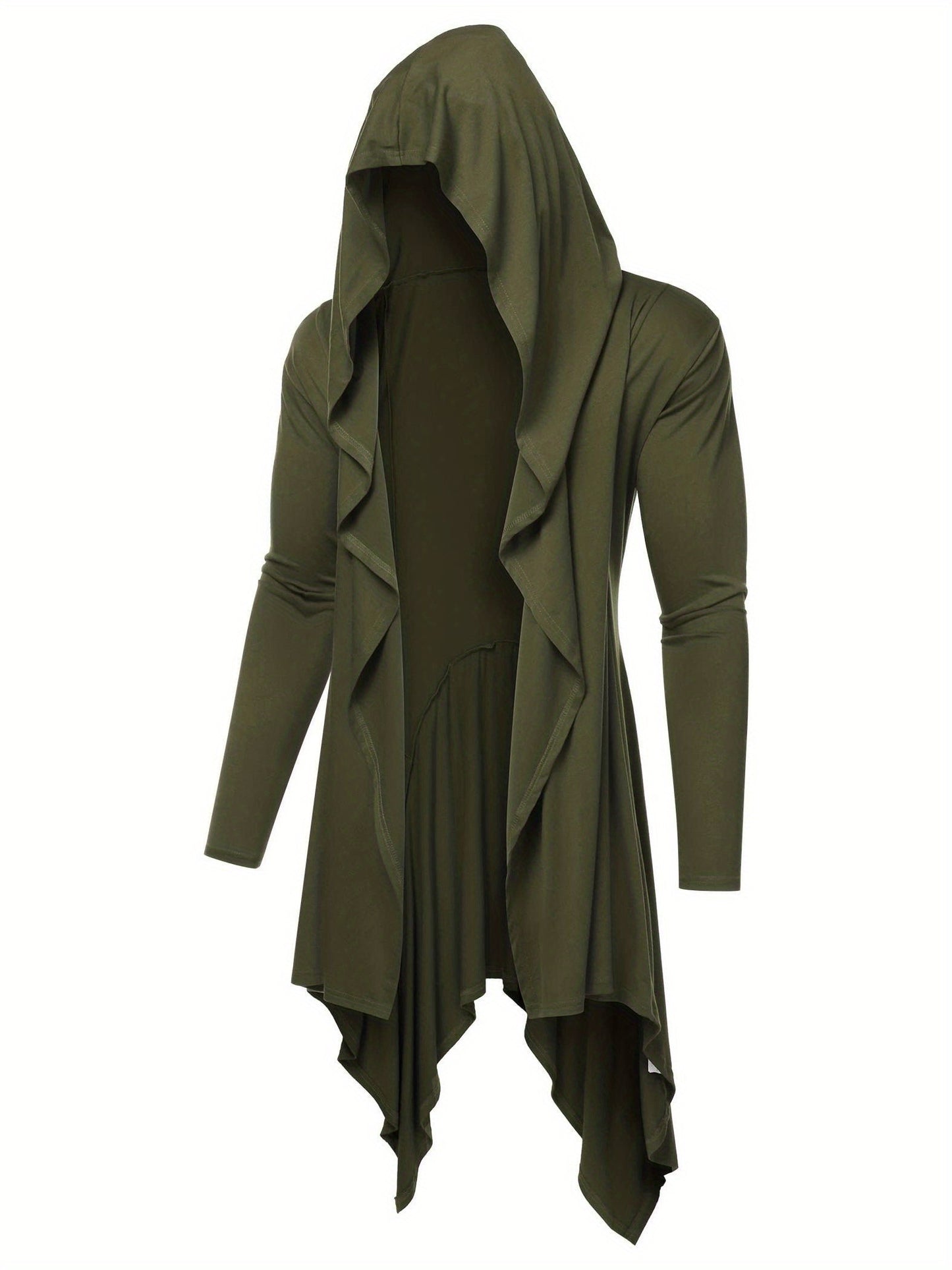 Long Hooded Cardigan Ruffle Shawl Collar Open Front Lightweight Drape Cape Overcoat with Pockets - Veloxea