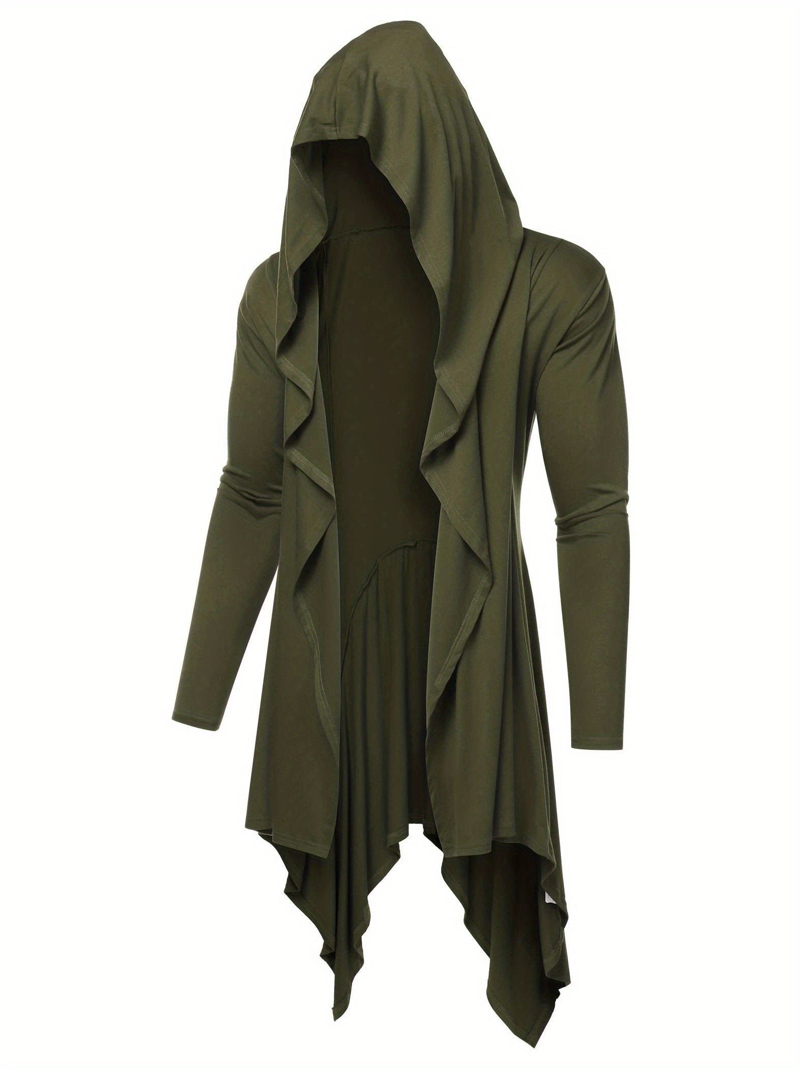 Long Hooded Cardigan Ruffle Shawl Collar Open Front Lightweight Drape Cape Overcoat with Pockets - Veloxea