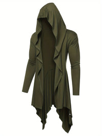 Long Hooded Cardigan Ruffle Shawl Collar Open Front Lightweight Drape Cape Overcoat with Pockets - Veloxea