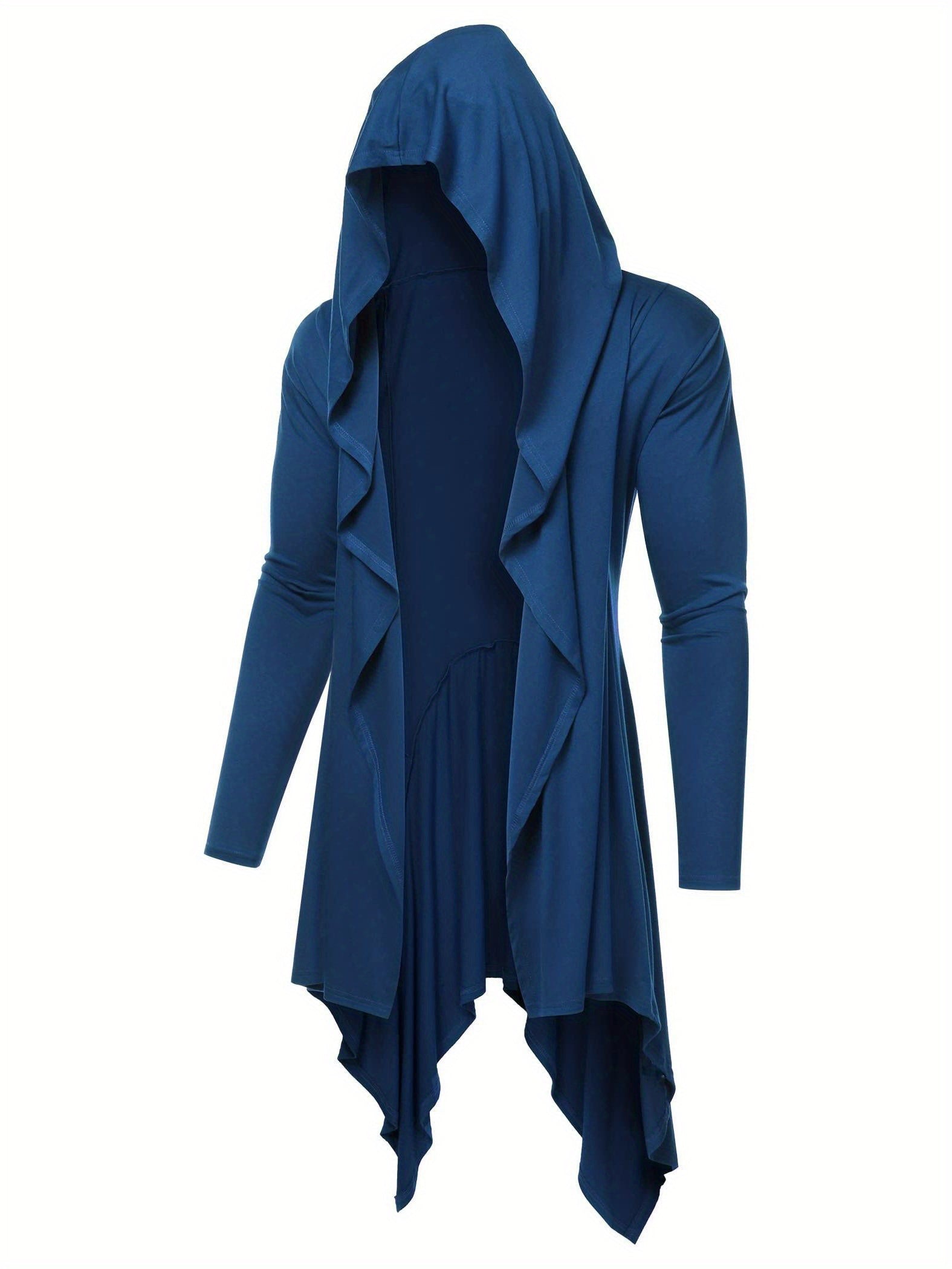 Long Hooded Cardigan Ruffle Shawl Collar Open Front Lightweight Drape Cape Overcoat with Pockets - Veloxea