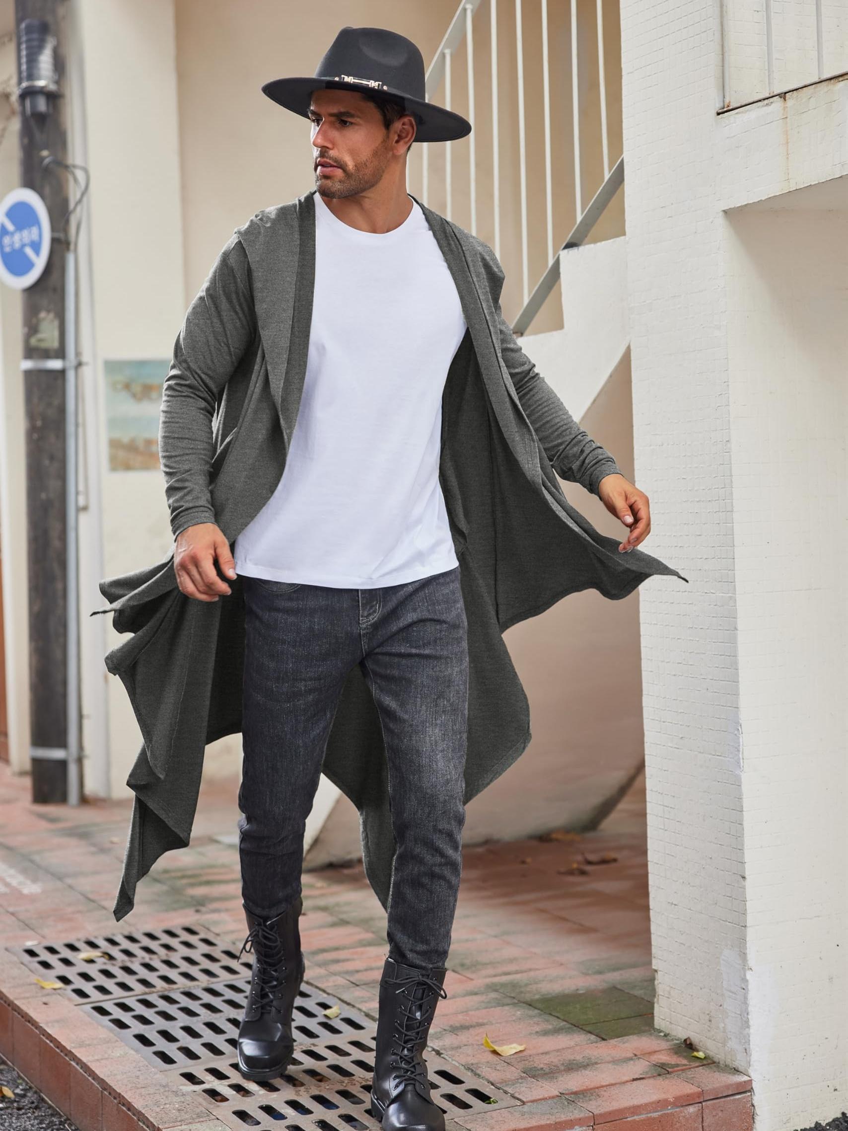 Long Hooded Cardigan Ruffle Shawl Collar Open Front Lightweight Drape Cape Overcoat with Pockets - Veloxea