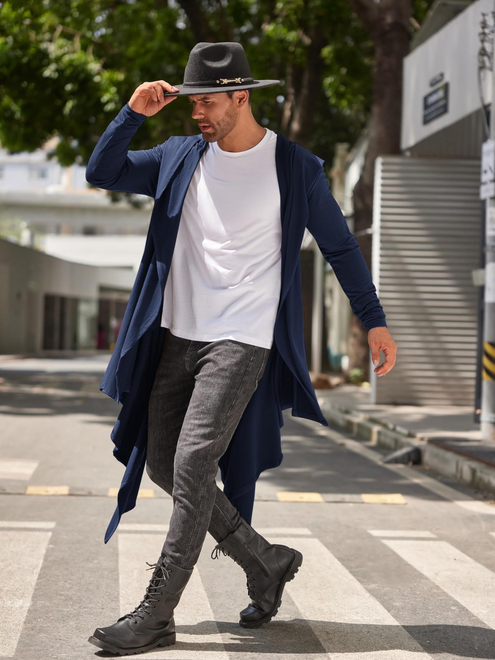 Long Hooded Cardigan Ruffle Shawl Collar Open Front Lightweight Drape Cape Overcoat with Pockets - Veloxea