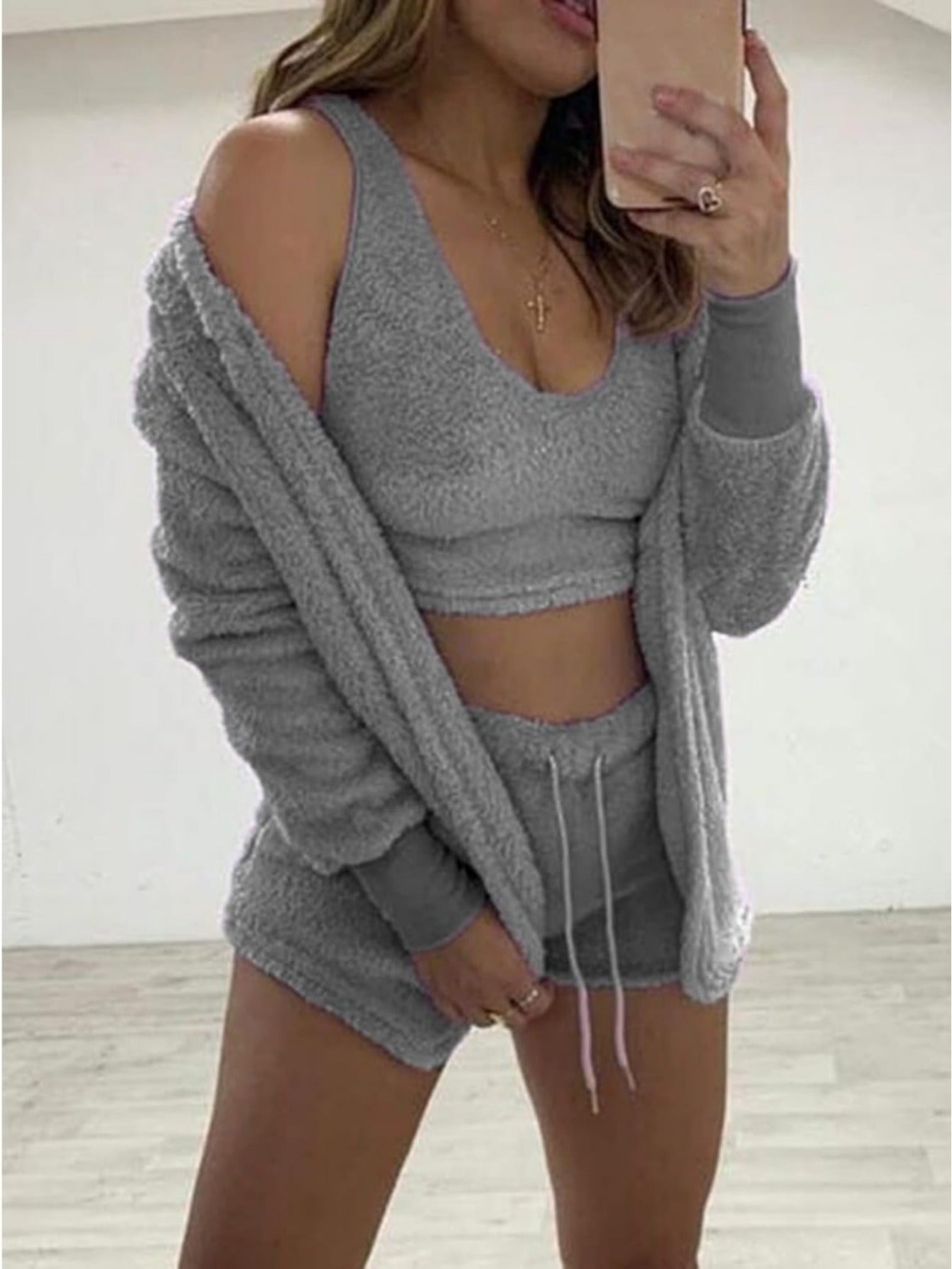 Women's Sexy Fuzzy 3 Piece Outfits Fleece Warm Hooded Cardigan Crop Top Shorts Set Pajamas Loungewear Halloween Chirstmas Home - Veloxea