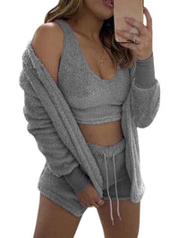 Women's Sexy Fuzzy 3 Piece Outfits Fleece Warm Hooded Cardigan Crop Top Shorts Set Pajamas Loungewear Halloween Chirstmas Home - Veloxea