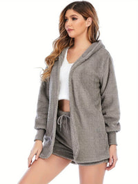 Women's Sexy Fuzzy 3 Piece Outfits Fleece Warm Hooded Cardigan Crop Top Shorts Set Pajamas Loungewear Halloween Chirstmas Home - Veloxea