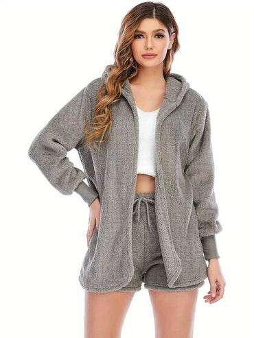 Women's Sexy Fuzzy 3 Piece Outfits Fleece Warm Hooded Cardigan Crop Top Shorts Set Pajamas Loungewear Halloween Chirstmas Home - Veloxea