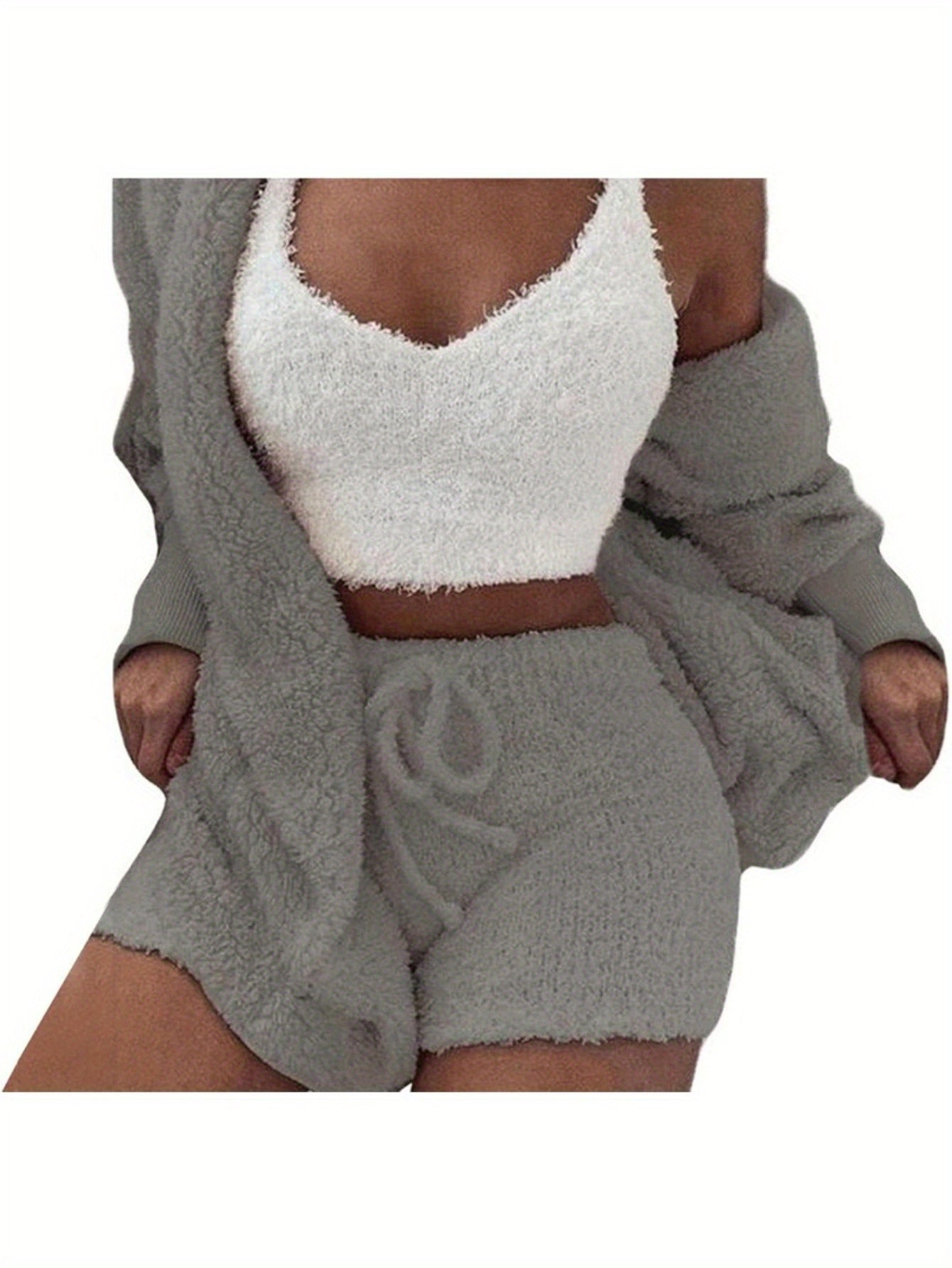 Women's Sexy Fuzzy 3 Piece Outfits Fleece Warm Hooded Cardigan Crop Top Shorts Set Pajamas Loungewear Halloween Chirstmas Home - Veloxea