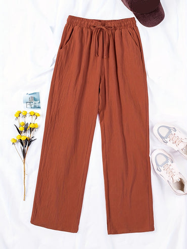 Drawstring Straight Leg Pants, Casual Solid Elastic Waist Pocket Fashion Loose Pants, Women's Clothing