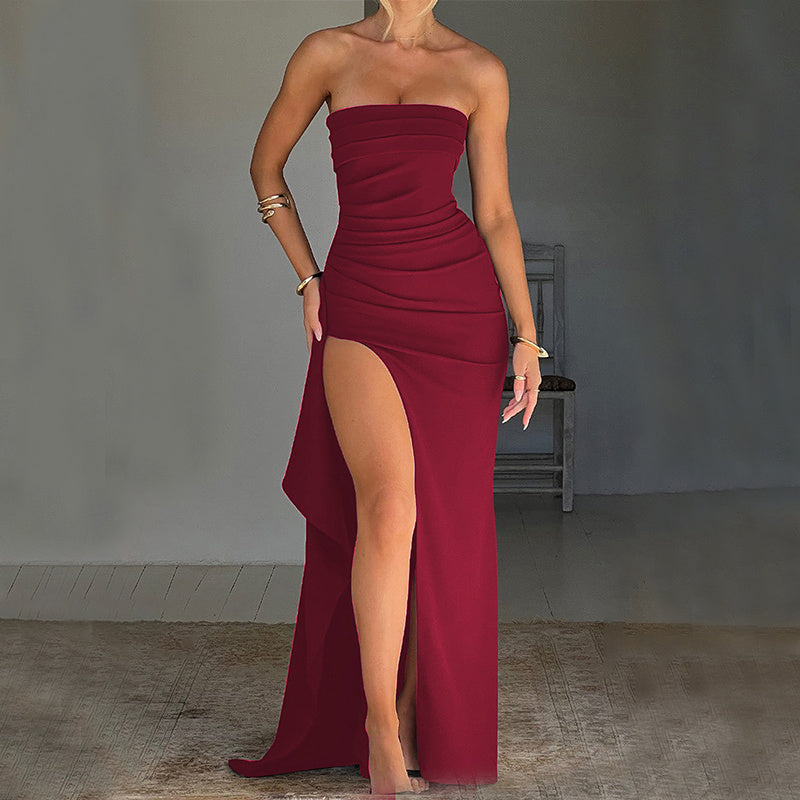 Strapless Split Long Dress Summer Fashion Pleated Bridesmaid Dress For Womens