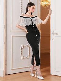 Off-shoulder Lace Cape Dress, Chic Split Hem Slim Dress For Spring & Summer, Women's Clothing