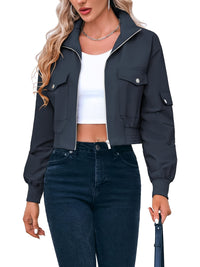 Solid Color Zipper Front Jacket, Casual Lapel Neck Flap Pockets Long Sleeve Button Decor Jacket For Spring & Fall, Women's Clothing