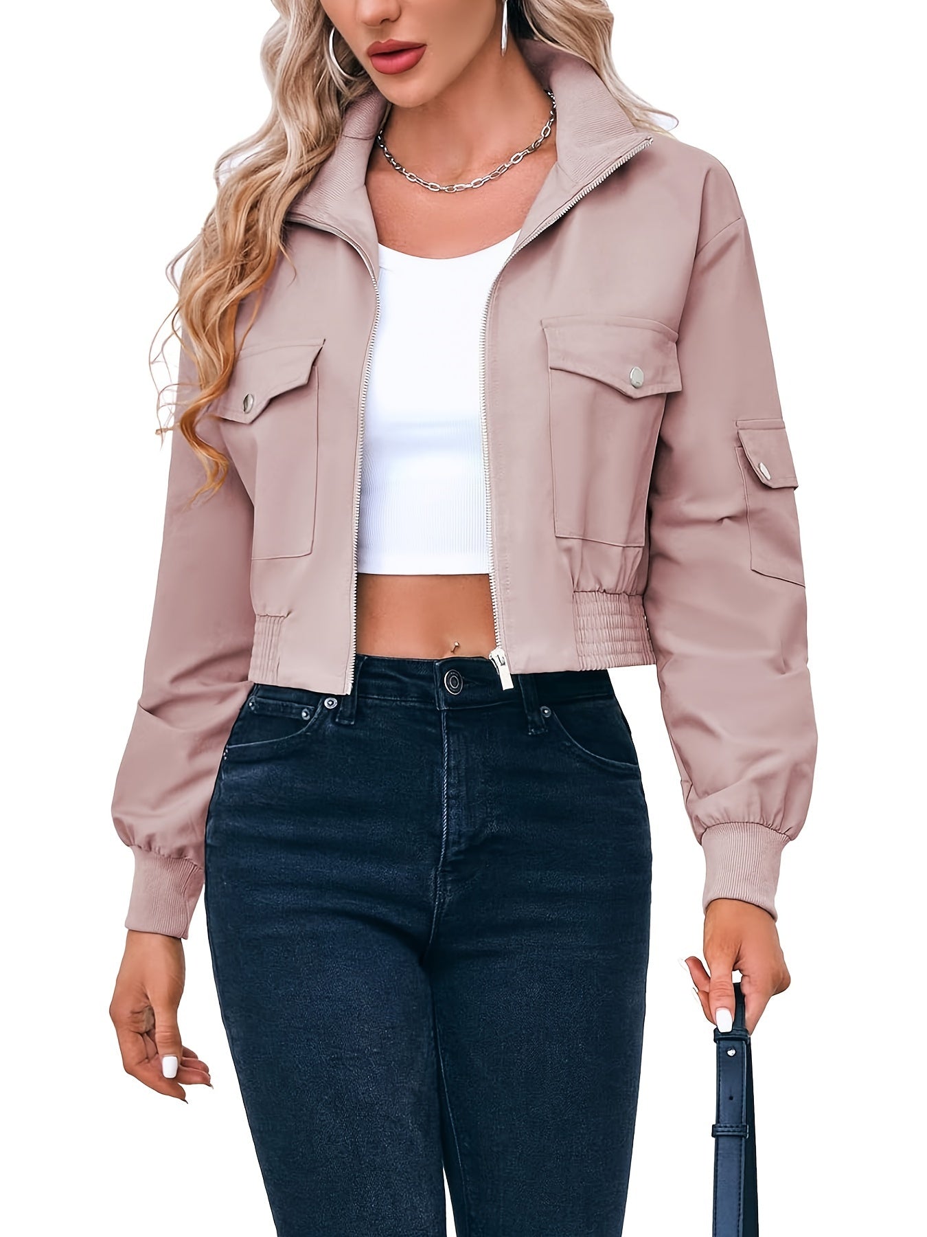 Solid Color Zipper Front Jacket, Casual Lapel Neck Flap Pockets Long Sleeve Button Decor Jacket For Spring & Fall, Women's Clothing