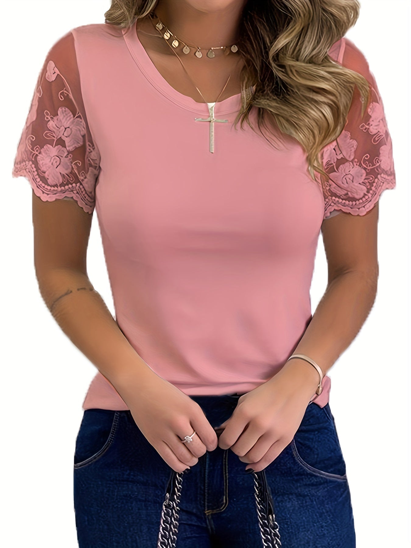 Women's T-Shirt Elegant Lace Short Sleeve Cut Out Crew Neck Loose Casual Summer T-Shirt