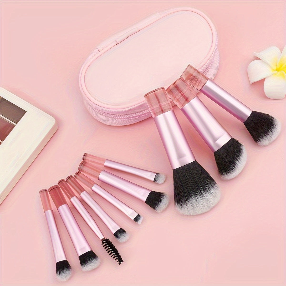 10-Piece Mini Travel Makeup Brush Set - Sleek & Minimalist Design with Portable Storage Bag, High-Quality Cosmetic Brushes for Versatile Makeup Application, Ideal Travel Essentials for Beauty Enthusiasts - Veloxea